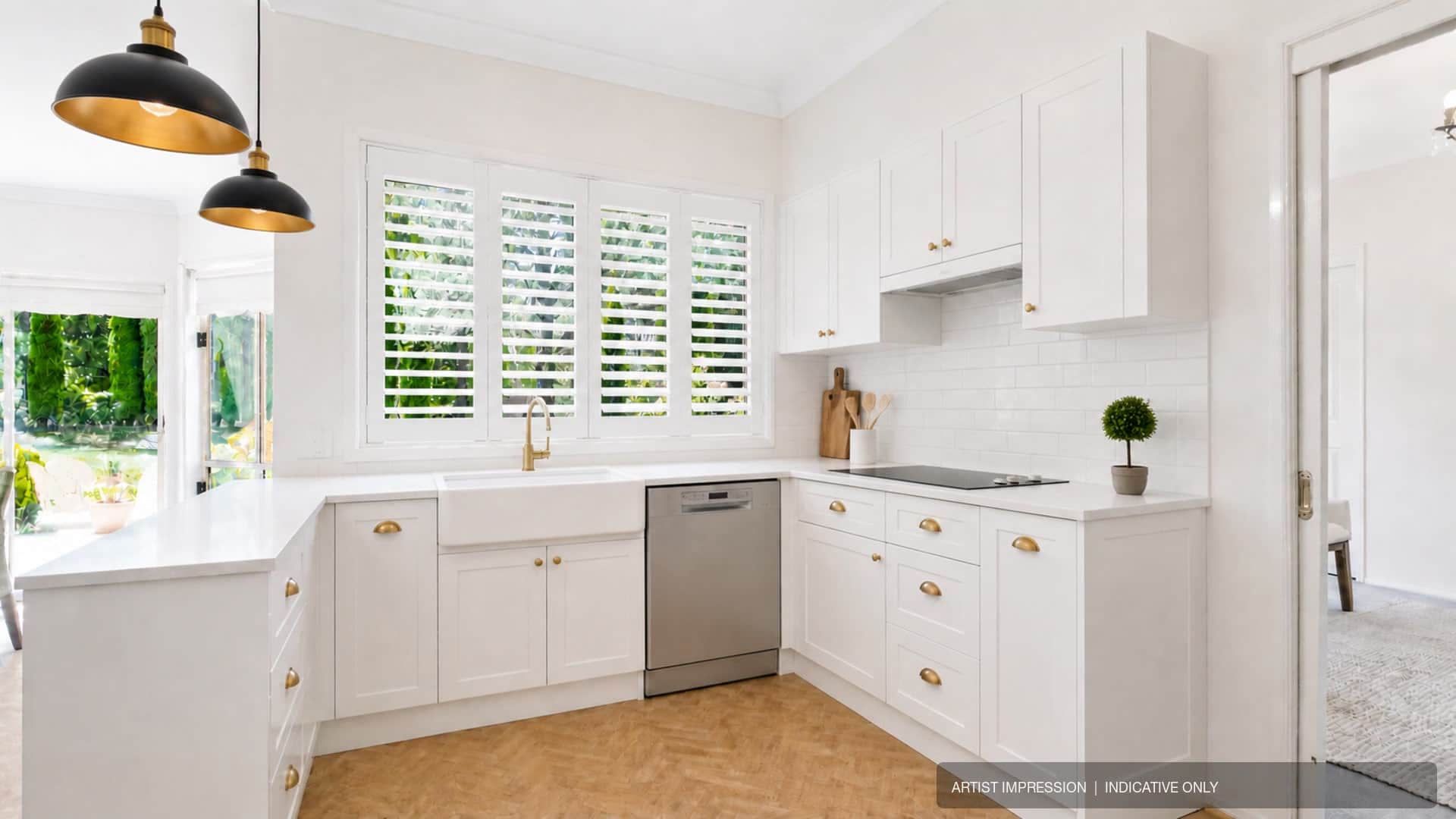 Artist's impression — indicative renovation concept for the kitchen at 10 Copplestone Lane, with white joinery, brass hardware and black pendant lights.