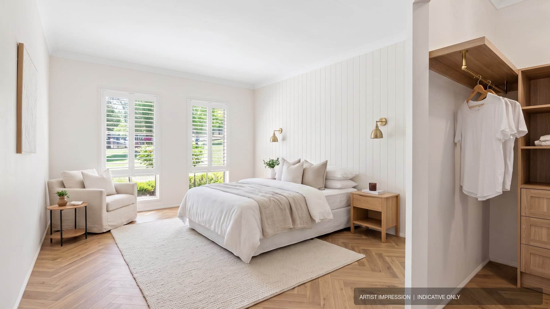 Artist's impression — indicative renovation concept for the primary bedroom at 10 Copplestone Lane, with timber flooring and a walk-in robe.