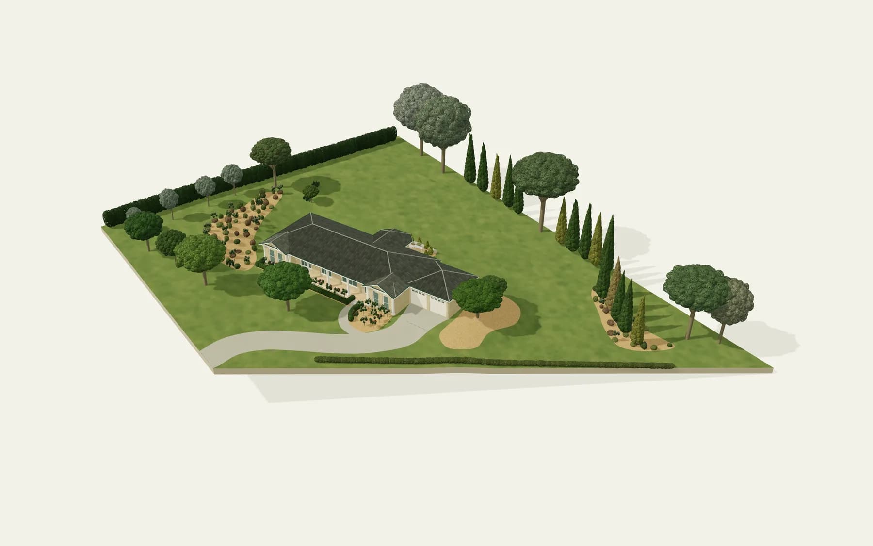 Approximate model of the current property. The house, curved driveway and established gardens in one view.