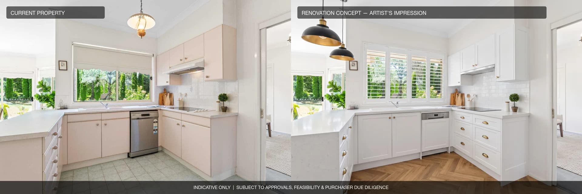 Kitchen: current property beside an artist's impression of the renovation concept