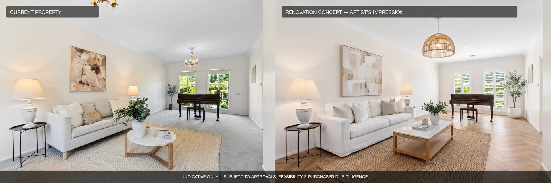 Formal living: current property beside an artist's impression of the renovation concept