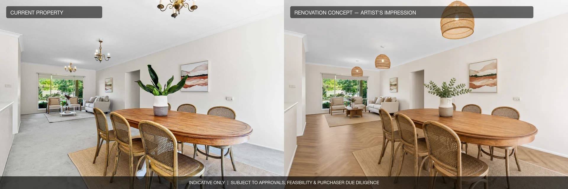Dining and lounge: current property beside an artist's impression of the renovation concept