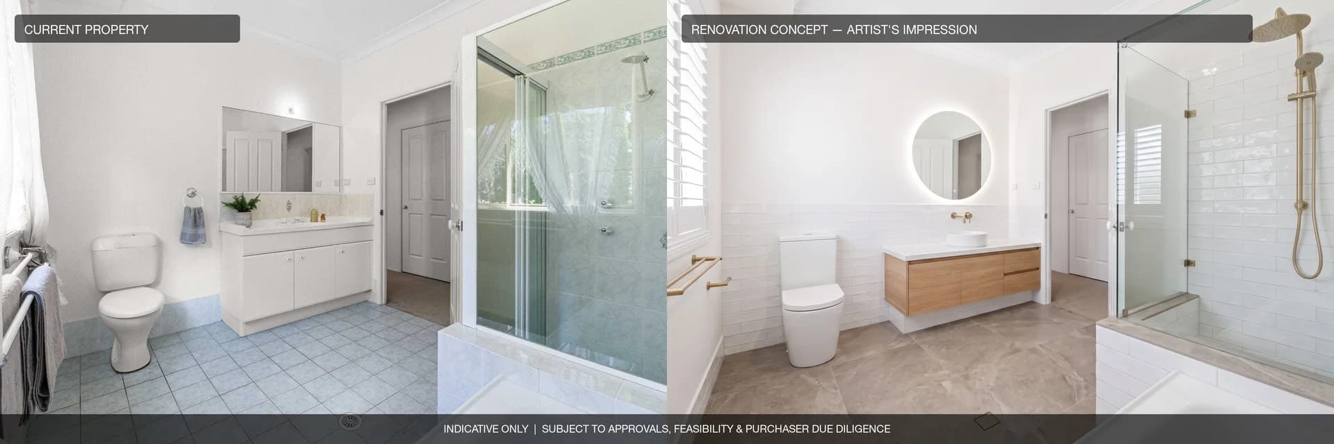 Main bathroom: current property beside an artist's impression of the renovation concept