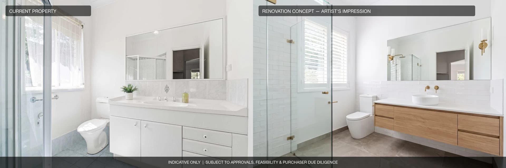 Ensuite: current property beside an artist's impression of the renovation concept