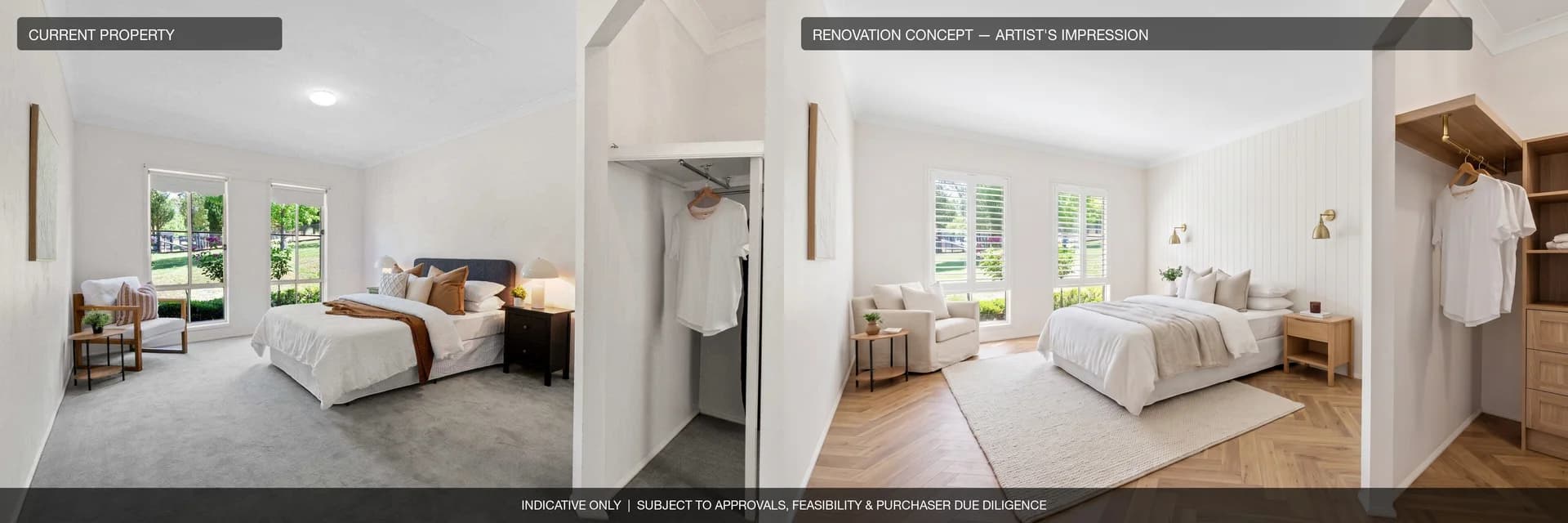 Primary bedroom: current property beside an artist's impression of the renovation concept