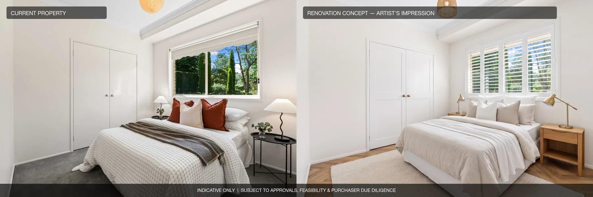 Bedroom four: current property beside an artist's impression of the renovation concept