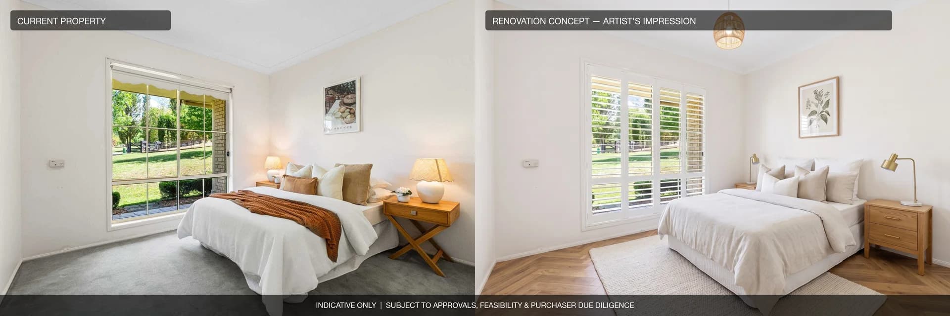Bedroom two: current property beside an artist's impression of the renovation concept
