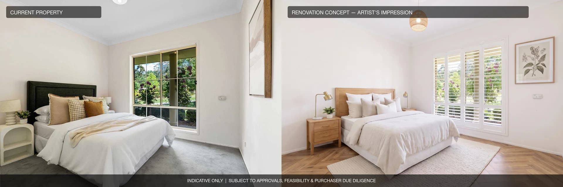 Bedroom three: current property beside an artist's impression of the renovation concept