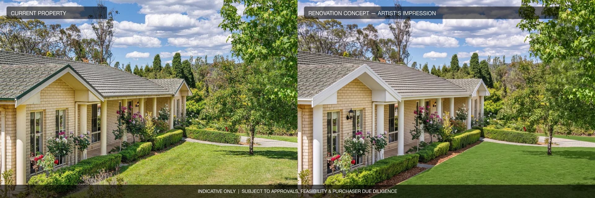 Front exterior: current property beside an artist's impression of the renovation concept