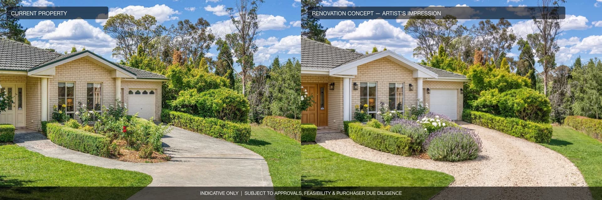 Entry portico: current property beside an artist's impression of the renovation concept