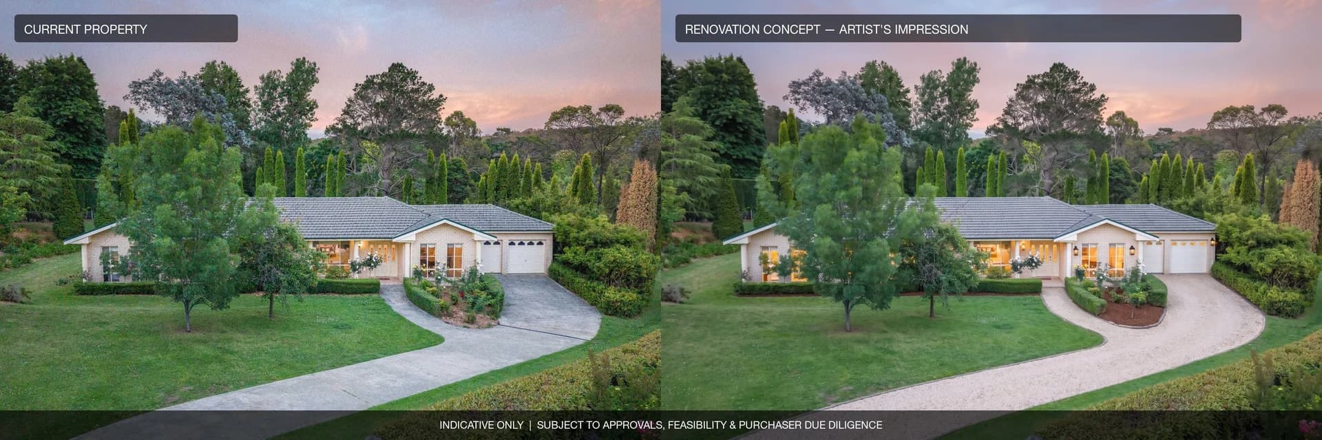 Dusk exterior: current property beside an artist's impression of the renovation concept