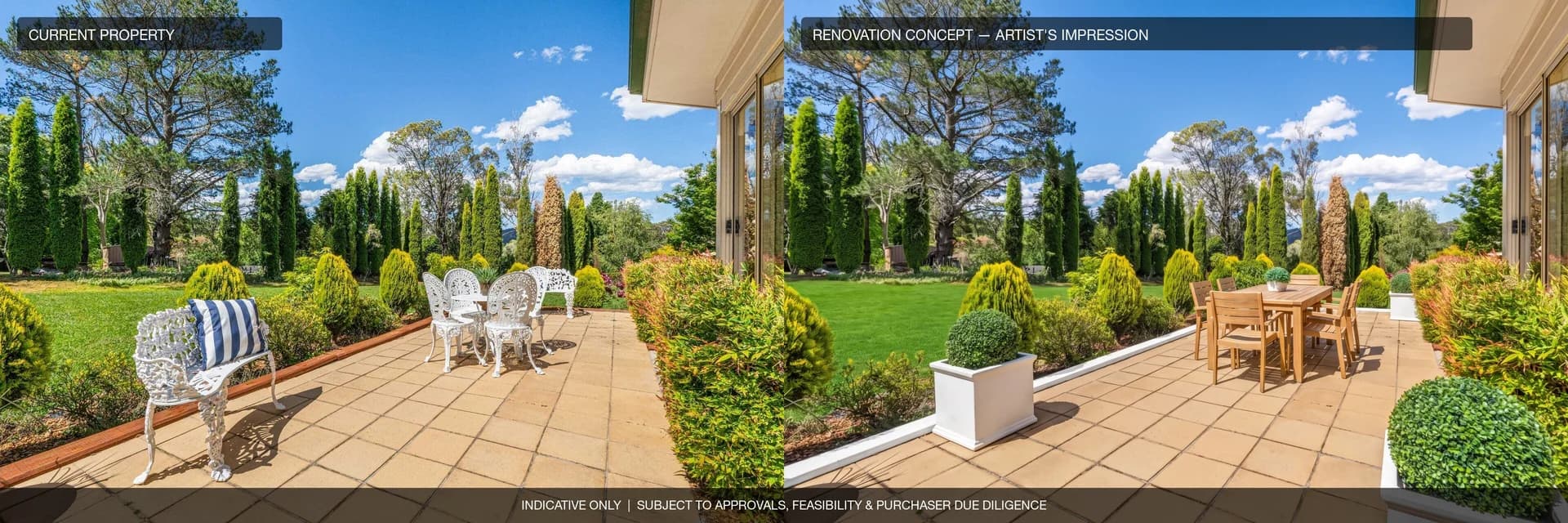 Terrace: current property beside an artist's impression of the renovation concept