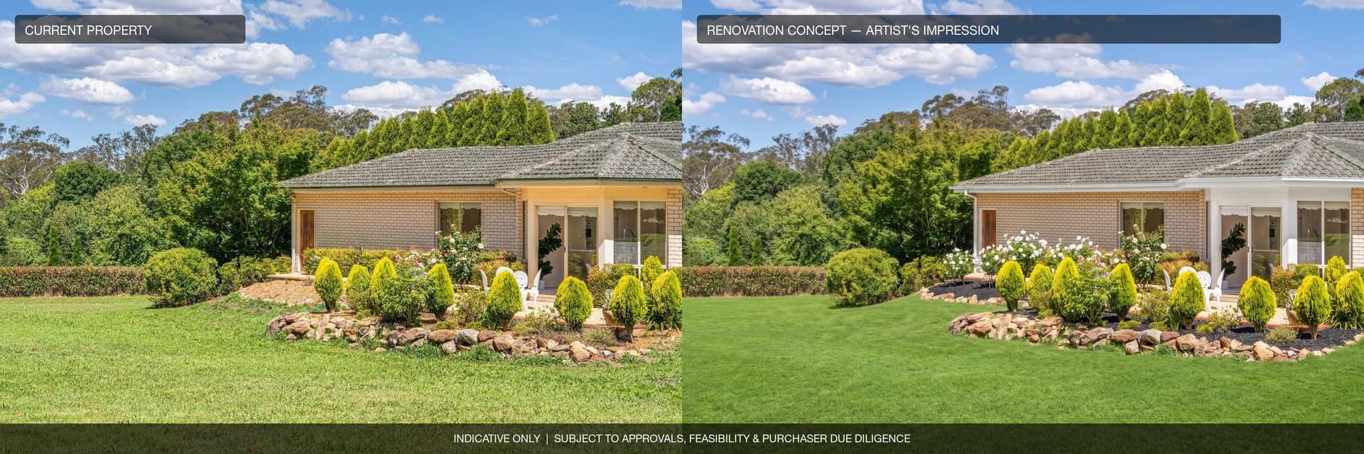 Side exterior: current property beside an artist's impression of the renovation concept