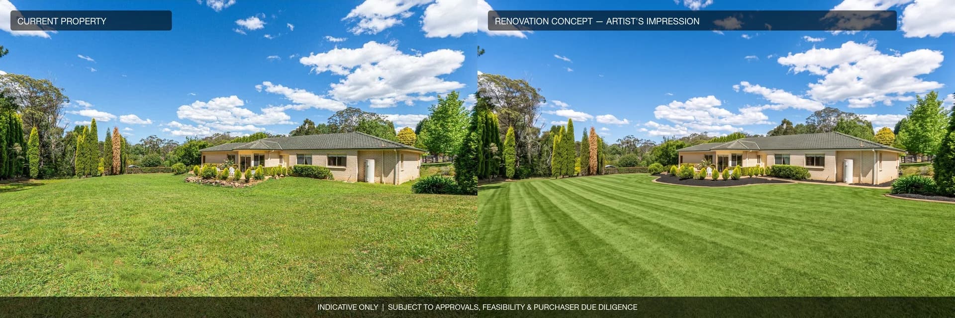 Wide exterior: current property beside an artist's impression of the renovation concept