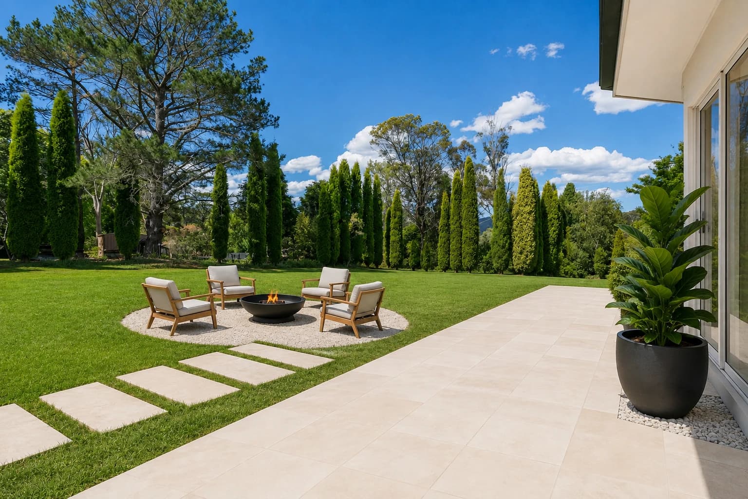 Artist's impression of the terrace with pale stone paving, white render, a black planter and four timber lounge chairs around a black fire bowl on a gravel seating area