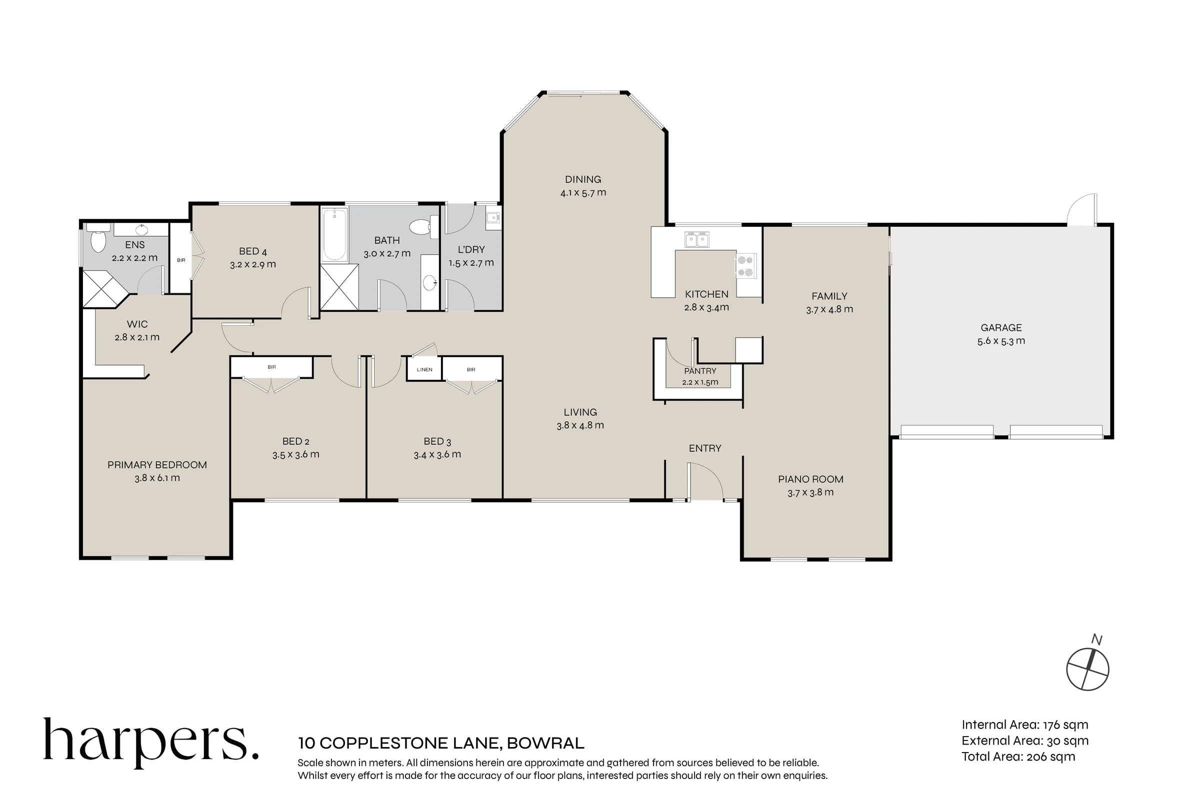 Floor plan of 10 Copplestone Lane showing four bedrooms, two bathrooms, kitchen, pantry, laundry, dining, living, family and piano rooms, and double garage.